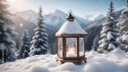 Fantasy winter wonderland, lantern on the snow, full of tiny details, bokeh, Christmas 