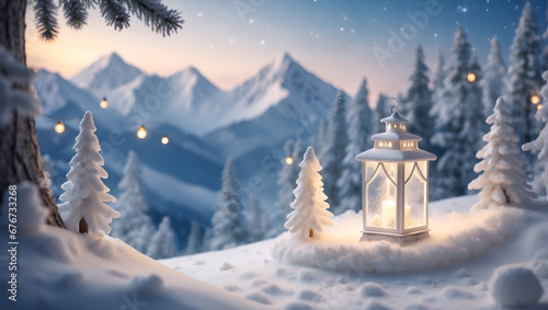Fantasy winter wonderland  lantern on the snow  full of tiny details  bokeh  Christmas 