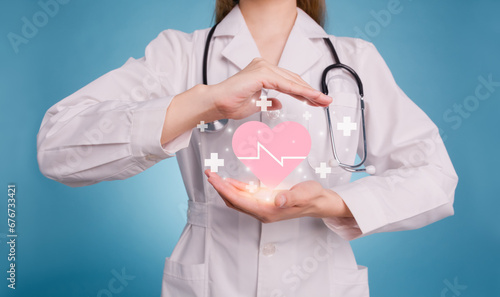 Фотография Female doctor hands protective gesture heartbeat icon