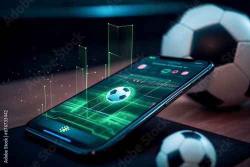 Virtual sports betting on football using a smartphone. Soccer ball over the phone.