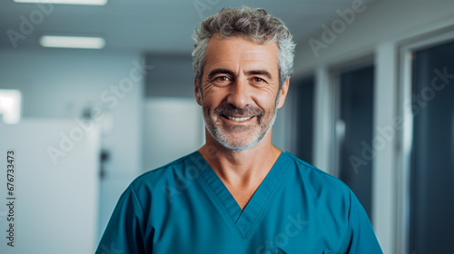 Portrait of senior male doctor smiling at camera while standing in a hospital corridor. photo