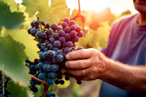 Farmer's hands picking grapes close-up. Grape farm, winery.