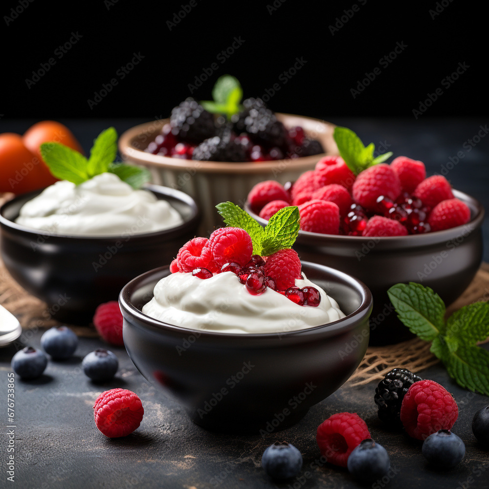 Homemade yogurt with raspberries, strawberries, and other berries. Beautiful dishes. Dark background. Homemade food. Vegetarian food. Homemade yogurt with raspberries, strawberries, and other berries. Beautiful dishes. Dark background. Homemade food. Vegetarian food.