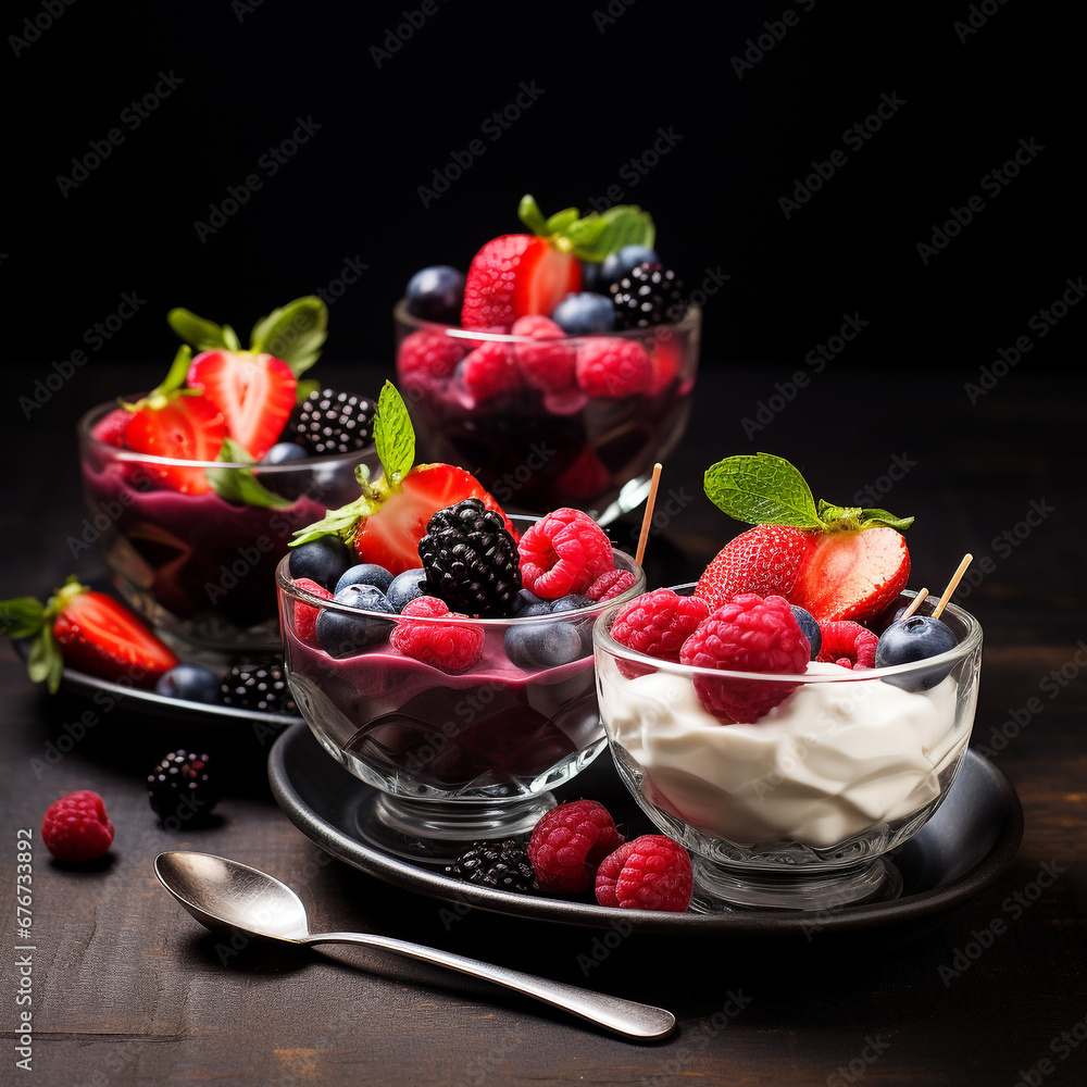 Homemade yogurt with raspberries, strawberries, and other berries. Beautiful dishes. Dark background. Homemade food. Vegetarian food. Homemade yogurt with raspberries, strawberries, and other berries. Beautiful dishes. Dark background. Homemade food. Vegetarian food.