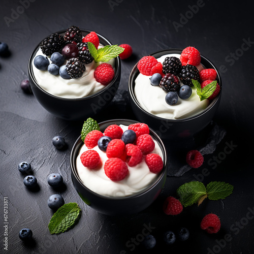 Homemade yogurt with raspberries, strawberries, and other berries. Beautiful dishes. Dark background. Homemade food. Vegetarian food. photo