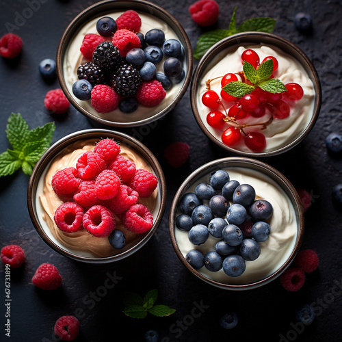 Homemade yogurt with raspberries, strawberries, and other berries. Beautiful dishes. Dark background. Homemade food. Vegetarian food.