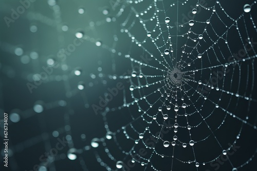 Close-up of a detailed spider web with drops, copy space for text, web network internet data concept