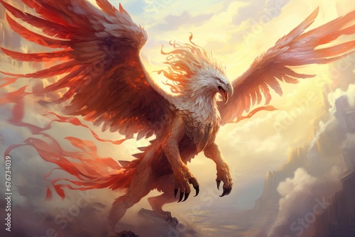 A majestic griffin soaring through a vibrant, otherworldly sky, its wings outstretched in flight.