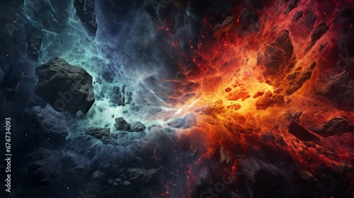 A surreal scene of fiery flames and icy shards colliding in a cosmic collision, creating a mesmerizing display of colors and textures.