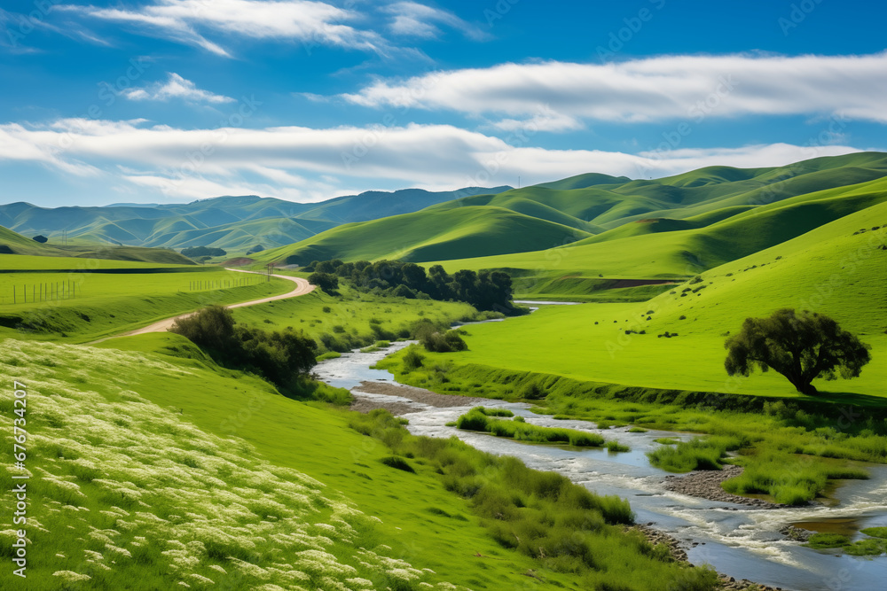Color photo of a picturesque countryside landscape on a sunny summer day