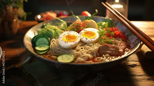 Popular Asian ramen in restaurant. Simple and delicious Asia noodles traditional meal with vegetables and pork meat. Ramon soup eat using chopsticks in street food eatery. Tasty hot dinner. Fast pasta photo