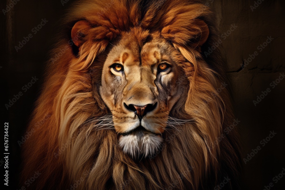 A close-up portrait of a regal lion, its golden mane framing its majestic face, portraying strength and pride.