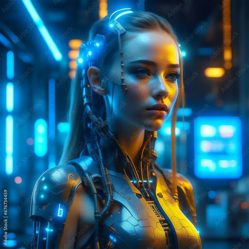 Cyborg girl on the background of the night city Cyborg girl on the background of the night city