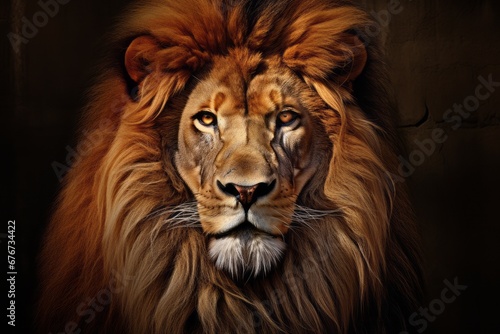 A close-up portrait of a regal lion  its golden mane framing its majestic face  portraying strength and pride.