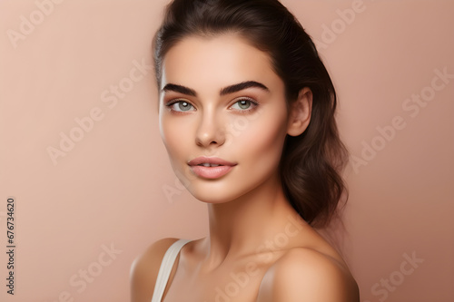 Portrait beautiful young woman with clean fresh skin. Model with healthy skin, close up portrait. Cosmetology, beauty and spa , solid beige background