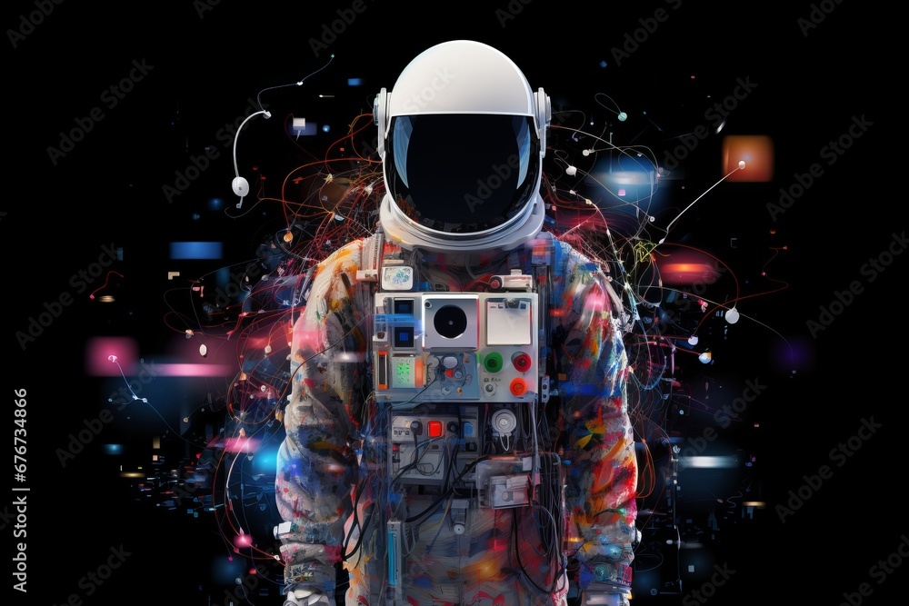 An abstract pixelated astronaut suit with pixelated communication equipment, underscoring the importance of staying connected in the vastness of space. An abstract pixelated astronaut suit with pixelated communication equipment, underscoring the importance of staying connected in the vastness of space.