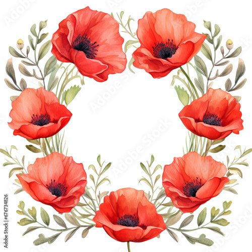 Red poppy flowers frame   boarded  buds and leaves circle isolated on a transparent background cutout PNG
