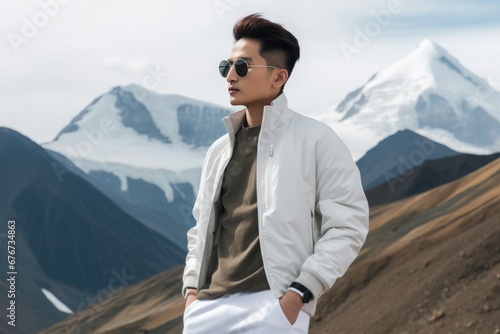 Stylish guy posing in white raglan sleeve jacket in mountains. Mountain male photo wearing modern casual clothing. Generate ai photo