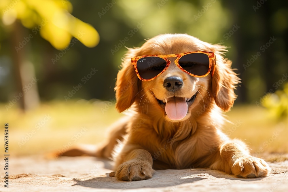Pet dog wearing sunglasses, cute puppy wearing sunglasses, pet food, pet supplies store advertisement