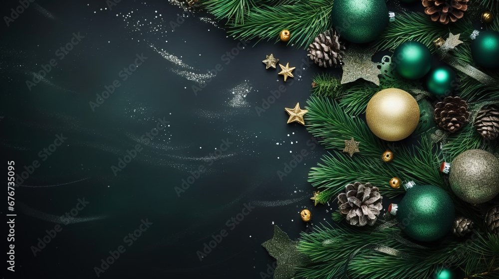 Christmas flat lay with pine, confetti and balls, on black background with copy space. Top view. Generative AI Christmas flat lay with pine, confetti and balls, on black background with copy space. Top view. Generative AI