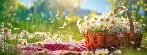picnic outdoor in nature with basket and blanket in summer flower meadow