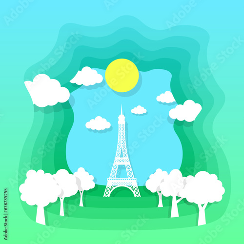 Paris landmarks, France, white paper postcard, Paris landmarks at night, full moon, tourist attractions in France, vector illustration.