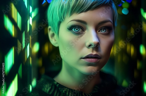 Girl with short hairstyle with green illuminated face. Modern lady posing with neon green lights. Generate ai