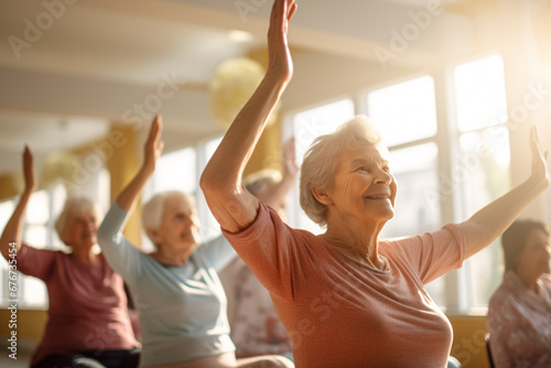 elderly participants engaged in synchronized yoga movements indoors
