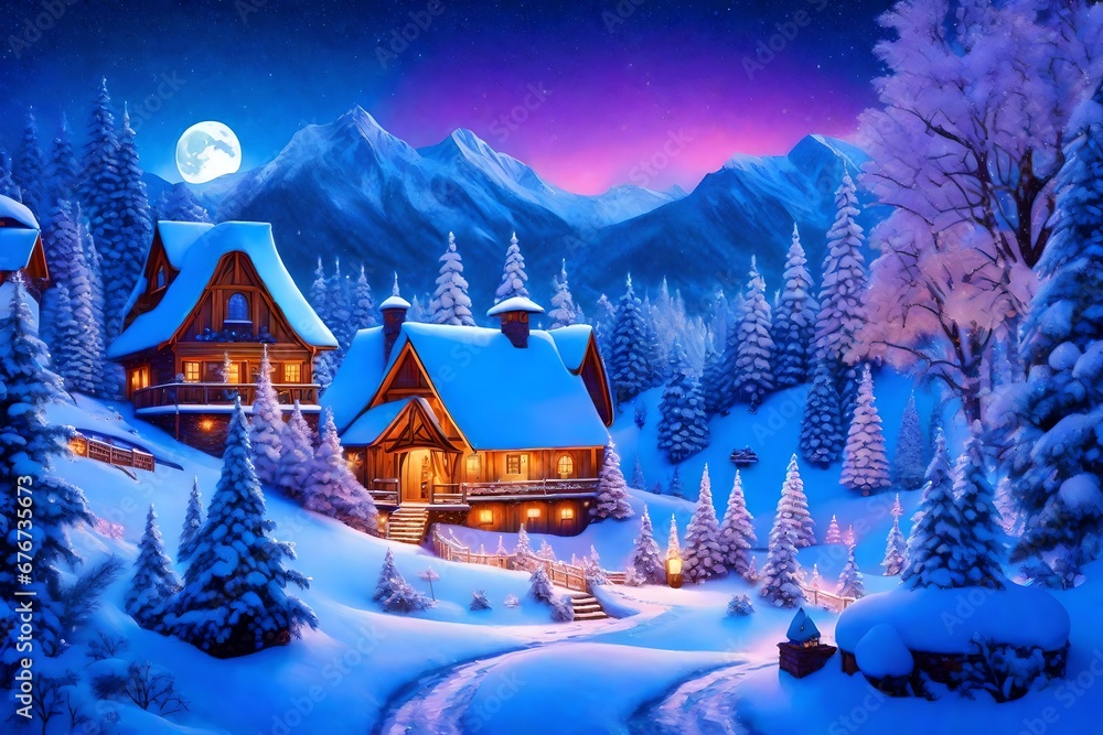 charming fairy tale village, snow-covered decorated Christmas trees, warm inviting cabin, ultra sharp digital oil painting, snowflakes, mountains with waterfall, soft light far-away full moon, glitter