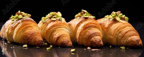 Tasty buttery croissants filled with pistachio cream and sprinkled with pieces of pistachios. Generative AI. photo