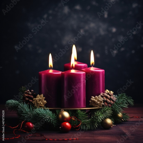 Advent wreath with candles on a dark background. Generative AI.