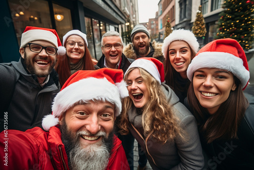 group of people in santa hats