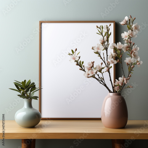 Ai generated modern ceramic pastel product. simple color. mock up for product. black wood frame. wall white background.