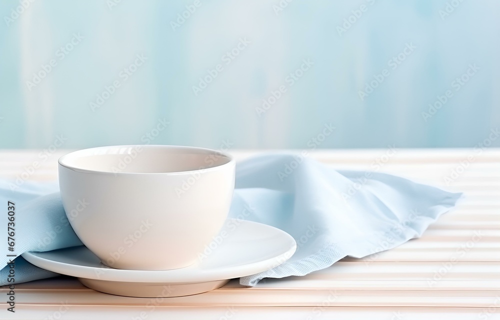 cup with plate on napkin pastel color on wooden white table soft light serving concept cup with plate on napkin pastel color on wooden white table soft light serving concept