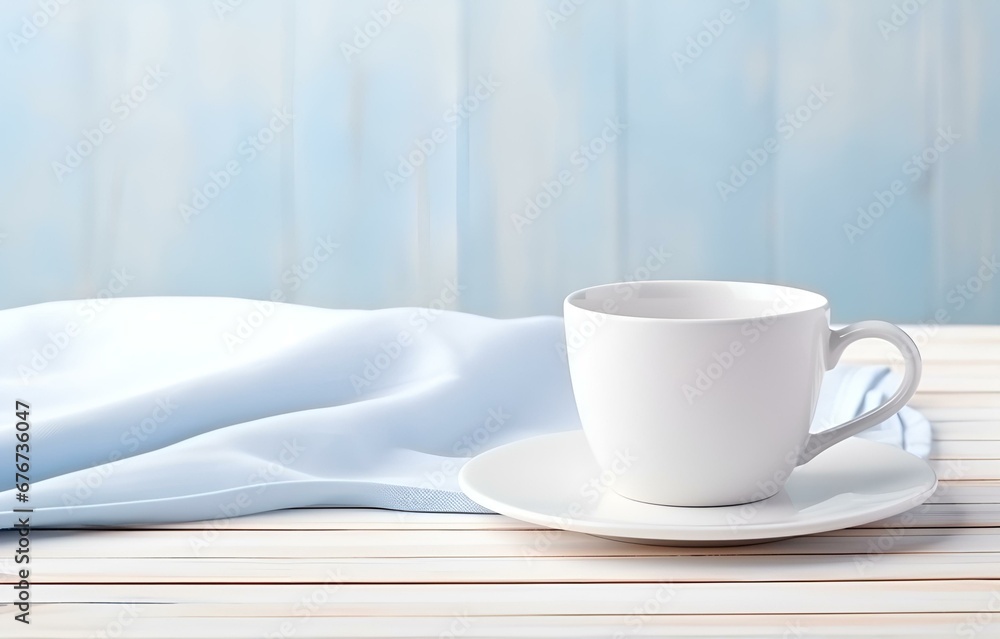 cup with plate on napkin pastel color on wooden white table soft light serving concept cup with plate on napkin pastel color on wooden white table soft light serving concept