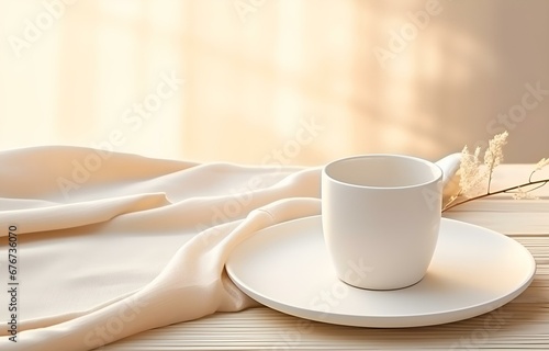 cup with plate on napkin pastel color on wooden white table soft light serving concept © Oleksiy