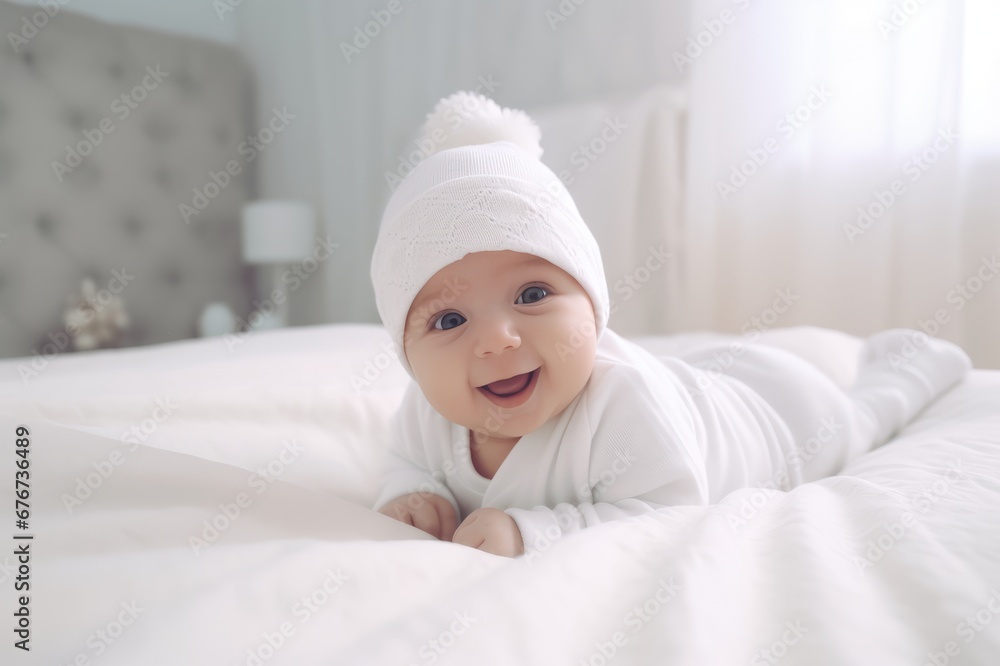 happy little baby 5-9 months old in a bodysuit sits on a bed on a white bed linen, smiling. The concept of children's products.. generative AI happy little baby 5-9 months old in a bodysuit sits on a bed on a white bed linen, smiling. The concept of children's products.. generative AI
