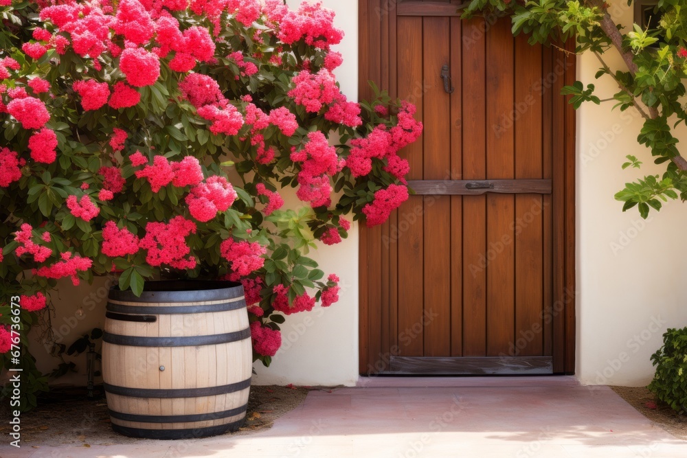 Flower arch in front of a rustic wooden door of a wine cellar with a wine barrel Generative Ai