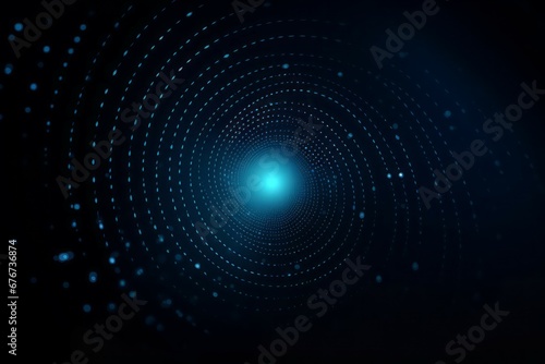 Swirling blue digital shiny effect on black background. Spiral futuristic movement in glow center. Generate ai