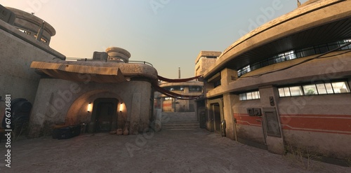 Street of a futuristic dusty stone city against evening sunset sky. Photorealistic 3D illustration in sci-fi style.