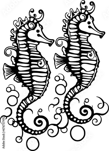 Under the Sea Mystery Seahorses Vintage Outline Icon In Hand-drawn Style
