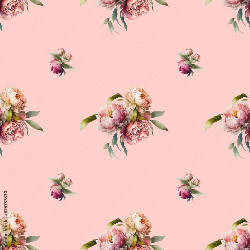 Pink peony and roses on a white background seamless pattern created with AI generative tools