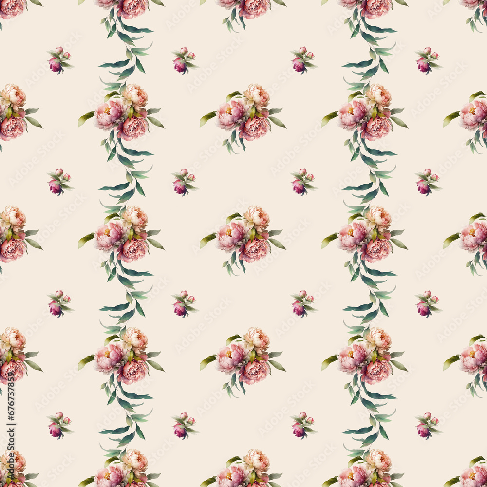 Watercolor floral seamless pattern on white background - green leaves, pink peach blush white flowers, leaf branches. Wedding invitations, wallpapers, fashion, prints, fabric. Eucalyptus, rose, peony