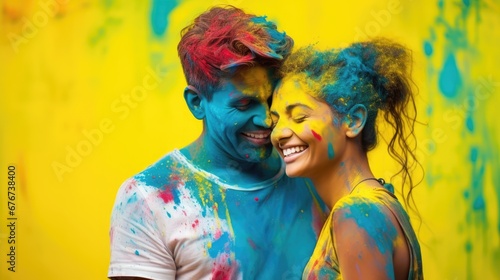 Portrait of happy young couple with multicolored paint splashes on their faces. Concept National Hugging Day