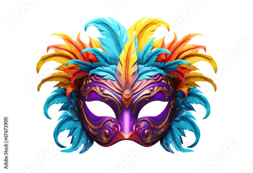 purple carnival mask with colorful feathers isolated on transparent background