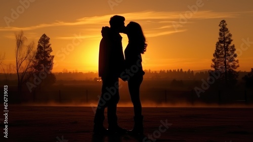 Silhouette of a loving couple on a sunset background. Love concept. Concept National Hugging Day