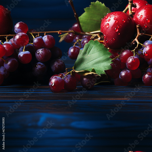 Grapes on a red wooden table and dark-blue background. Close up macro view. 