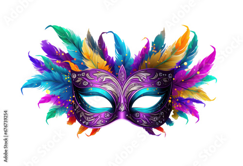 multicolored carnival mask with feathers on transparent background