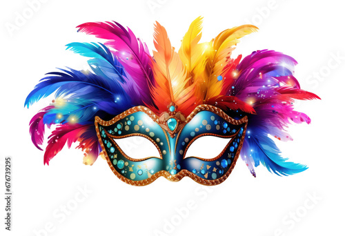 Masquerade mask with colors feathers on transparent background