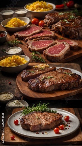 delicious fried meat steak on a wooden plate